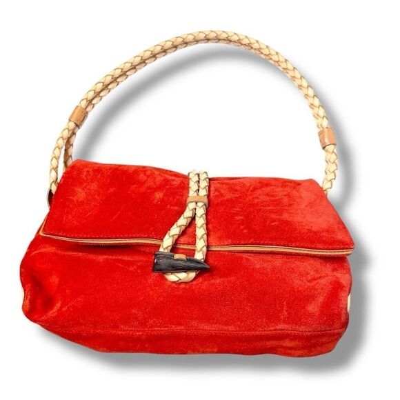 BURBERRY Suede Haymarket Check Horn Toggle Braided Leather Shoulder Bag Red - Picture 2 of 14